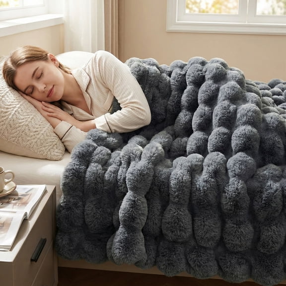 JONIYEAR Solid Thick Fuzzy Bubble Faux Rabbit Fur Blanket Twin Size 60" x 70", Decorative Bumpy Cute Cozy Fluffy Gray Warm Blanket for Winter, Reversible Textured Poofy Comfy Shag Furry Blanket, Grey