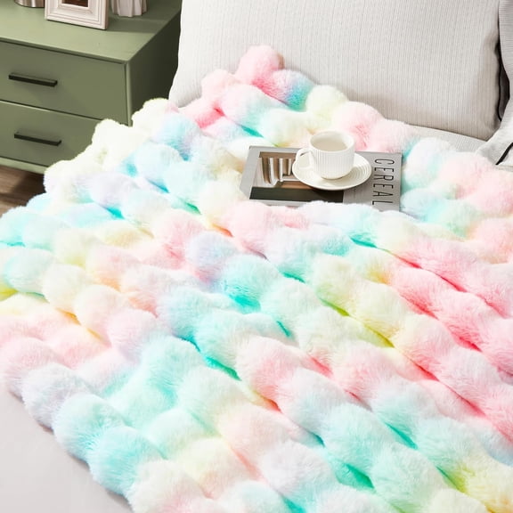 JONIYEAR Super Large Decorative Colorful Bubble Faux Rabbit Fur Bed Blanket Full Size 70" x 80", Soft Thick Warm Fluffy Blanket for Winter, Luxury Shag Big Cozy Fuzzy Furry Blanket for Women, Rainbow