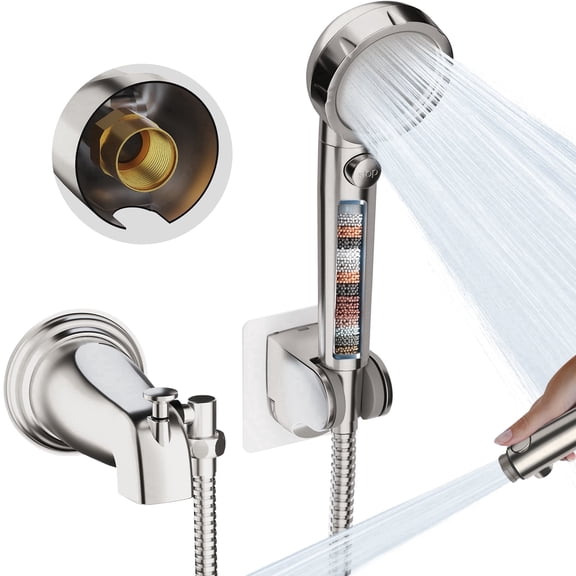 JONKEAN Brushed Nickel Bathtub Faucet Sprayer Attachment, Filtered 3-mode Sprayer with on/off Control, Comes with 3 Adapters