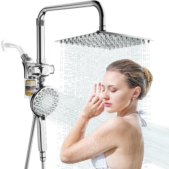 JONKEAN Filtered Dual Shower Head Combo with Handheld Spray, High Pressure Rain Shower with Hard Water Filter, Adjustable Lift Bar,Chrome
