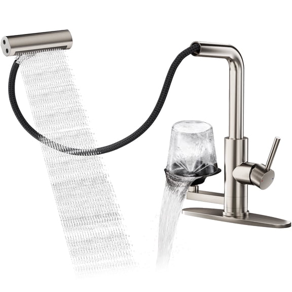 JONKEAN Brushed Nickel Kitchen Faucet with Glass Rinser, Pull Down Sprayer, 4 Spray Modes, Single Handle Fits 1 Hole and 3 Holes Sink