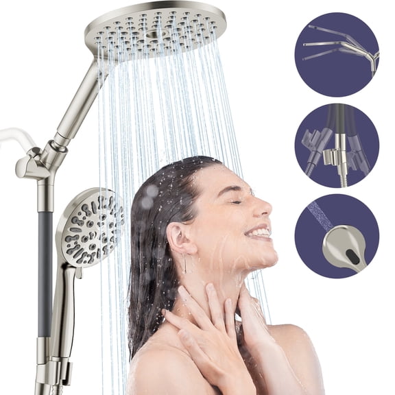 JONKEAN Modern Dual Shower Head with Handheld Spray, 7.5 Inch Rainfall & 9-Mode Hand Shower, 78-Inch Hose,Brushed Nickel