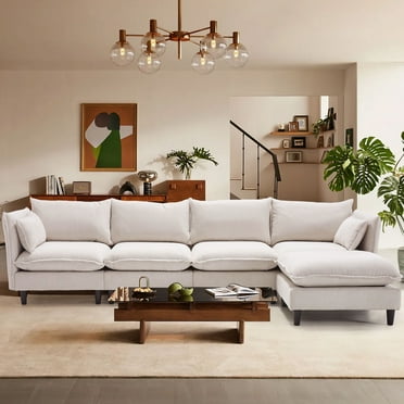 JONPONY 126" Sectional Sofa for Living Room, L-Shaped Cloud Couch with 4 Oversized Seats Sleeper Sofa Set with Double Chaise,Wood Legs,Movable Ottoman for Living Room,Beige