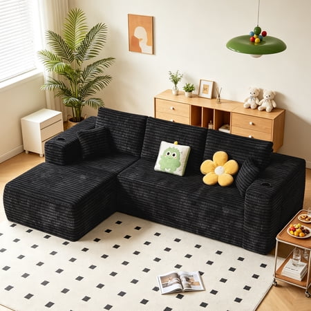 JONPONY 106" Cloud Boneless Couch with L-Shape Chaise, Modern Sectional Modular Sofa with Deep Seat, Upholstered Couche for Living Room, Bedroom and Apartment,No Assembly Required, Black