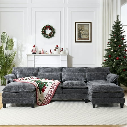 JONPONY 109" Cloud Sectional Sofa with Double Cushion Sleeper Chaise,Modern Comfy Boucle Couch with Waist Pillows for Living Room,Grey