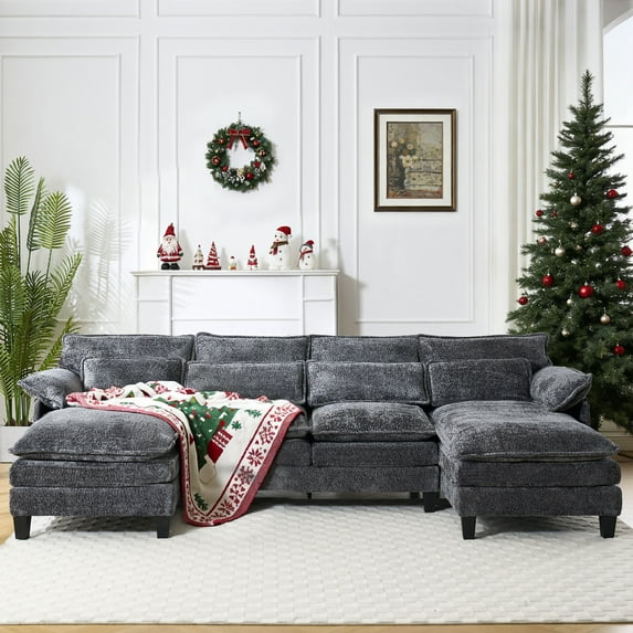 JONPONY 109" Cloud Sectional Sofa with Double Cushion Sleeper Chaise,Modern Comfy Boucle Couch with Waist Pillows for Living Room,Grey