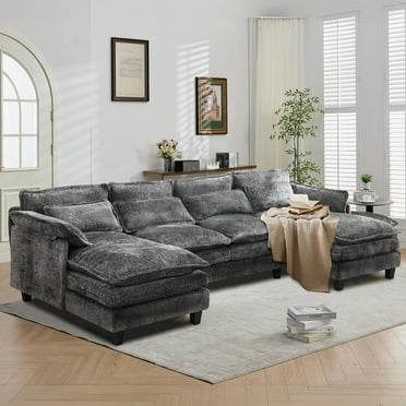 JONPONY 109.45" Modular Sectional Sofa with Double Cushion Sleeper Chaise,Modern Oversized Comfy Bouble Couch with Waist Pillows for Living Room,Grey