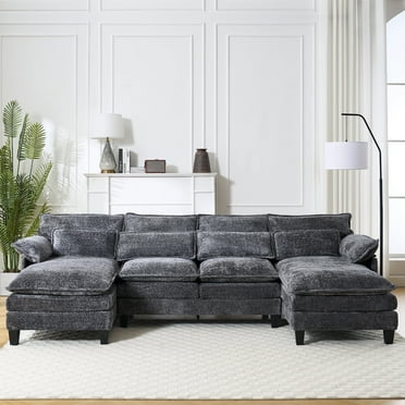 JONPONY 109.45" U Shaped Couch,Oversized 4 Seat Sectional with 4 Waist Pillows, Convertible Upholstery Symmetrical Sofá,Sleeper Sofa Couch with Double Chaise Lounge &Memory Foam for Living Room, Grey