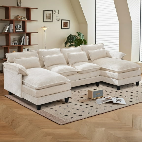 JONPONY109.45" U Shaped Couch,Oversized 4 Seat Sectional with 4 Waist Pillows, Convertible Upholstery Symmetrical Sofá,Sleeper Sofa Couch with Double Chaise Lounge &Memory Foam for Living Room, Beige