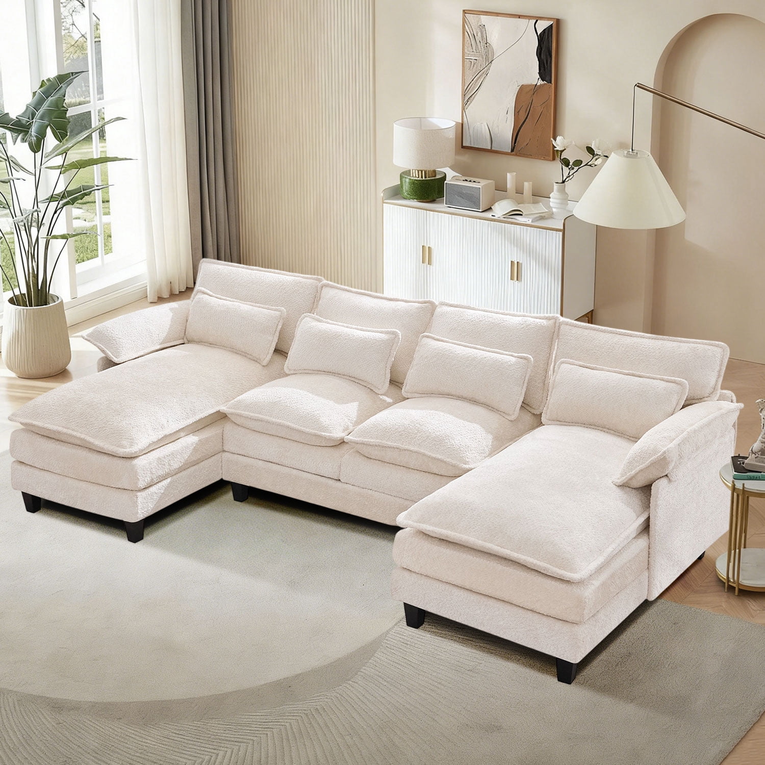 JONPONY109.45" U Shaped Couch,Oversized 4 Seat Sectional with 4 Waist Pillows, Convertible Upholstery Symmetrical Sofá,Sleeper Sofa Couch with Double Chaise Lounge &Memory Foam for Living Room, Beige