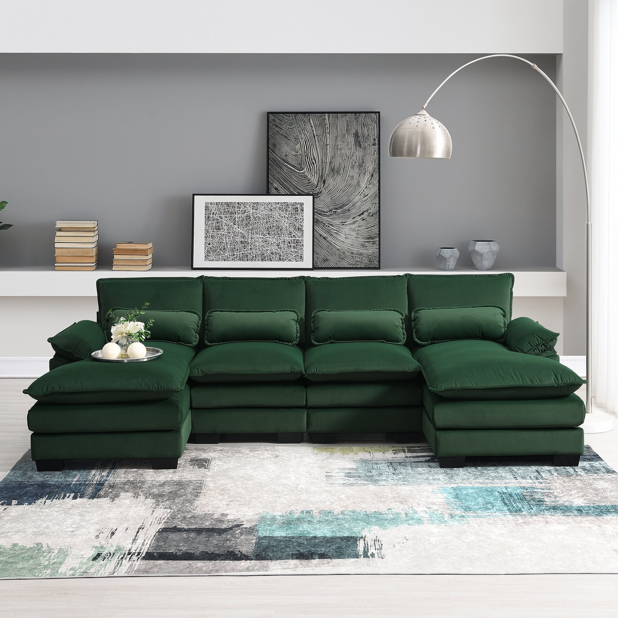JONPONY 109.8" U Shaped Couch, 4 Seat Sectional with 4 Throw Pillows, Convertible Upholstery Symmetrical Sof,High Dense Memory Foam with Double Chaise Lounge &Memory Foam for Living Room, Grey
