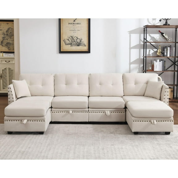 JONPONY 110" Modular Couches and Sofas Sectional with Storage Sectional Sofa U Shaped Sectional Couch with Reversible Chaises, Beige