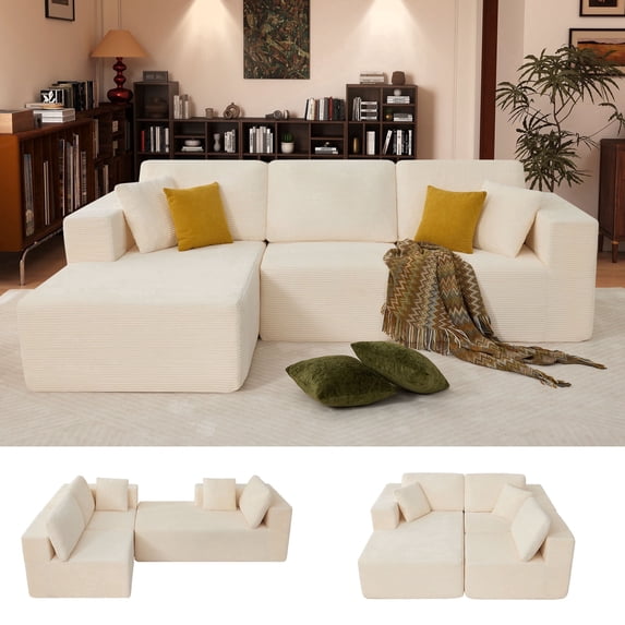 JONPONY 109”Cloud Sectional Couch, Boneless Modular Sofa with L-Shape Chaise, Deep Seat Corduroy Couch, No Assembly Required, Modern Upholstered Sectional for Living Room Apartment Bedroom,Beige
