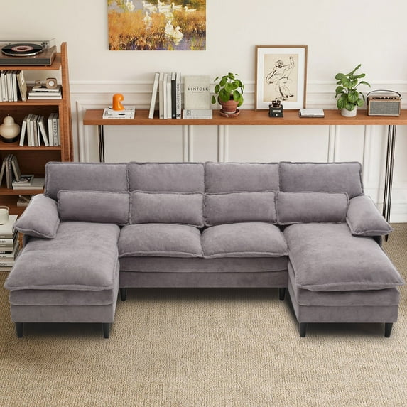 JONPONY107.5" Modular Sectional Sofa with Double Cushion Sleeper Chaise,Modern Terry Cloth Fbric sofa with Waist Pillows for Apartment,Small space,Light Grey