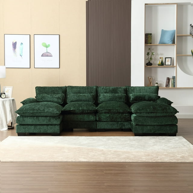 JONPONY 110.63"Oversized U Shaped Couch,4 Seat Sectional Sofa, Boucle Fabric Convertible Upholstery Symmetrical Sofá Sleeper Sofa Couch with Double Chaise Lounge & Memory Foam for Living Room,Green