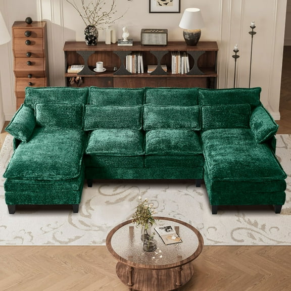 JONPONY109.45" U Shaped Couch,Oversized 4 Seat Sectional with 4 Waist Pillows, Convertible Upholstery Symmetrical Sofá,Sleeper Couch with Double Chaise Lounge&Memory Foam for Living Room,Green