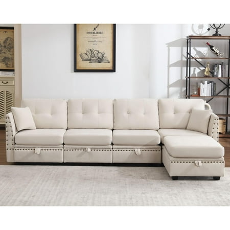 JONPONY 110" Modular Couches and Sofas Sectional with Storage Sectional Sofa L Shaped Sectional Couch with Reversible Chaises, Beige