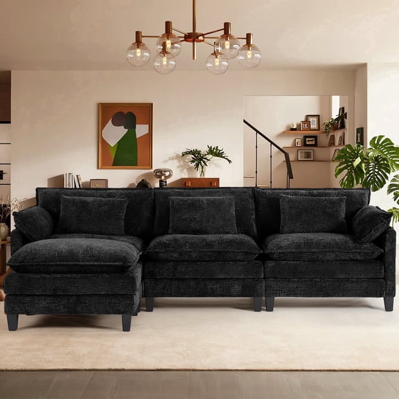 JONPONY 111" Modular Cloud Couch, L Shaped Sectional Sofa with Movable Ottoman,3 Oversized Seats Sleeper Couches for Living Room, Apartment,Black