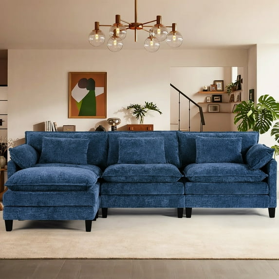 JONPONY 111" Modular Cloud Couch, L Shaped Sectional Sofa with Movable Ottoman,3 Oversized Seats Sleeper Couches for Living Room, Apartment,Blue