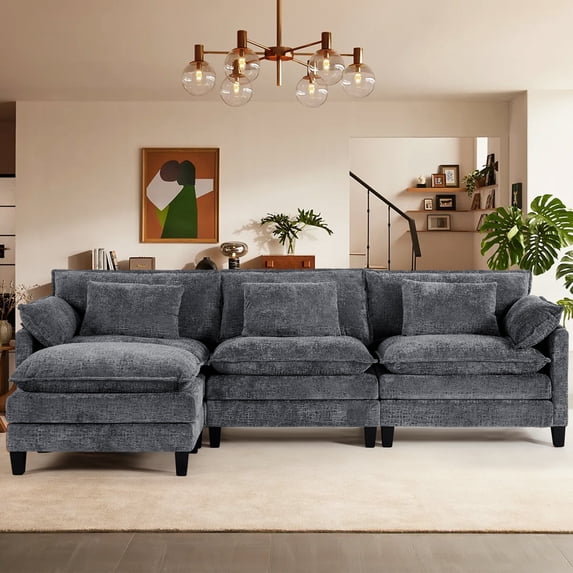 JONPONY 111" Modular Cloud Couch, L Shaped Sectional Sofa with Movable Ottoman,3 Oversized Seats Sleeper Couches for Living Room, Apartment,Grey