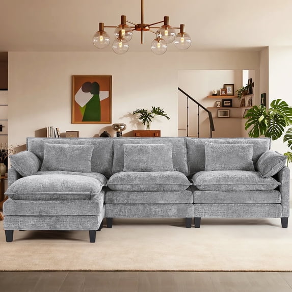 JONPONY 111" Modular Cloud Couch, L Shaped Sectional Sofa with Movable Ottoman,3 Oversized Seats Sleeper Couches for Living Room, Apartment,Lightgrey
