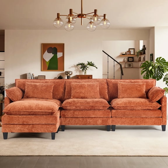 JONPONY 111" Modular Cloud Couch, L Shaped Sectional Sofa with Movable Ottoman,3 Oversized Seats Sleeper Couches for Living Room, Apartment,Orange
