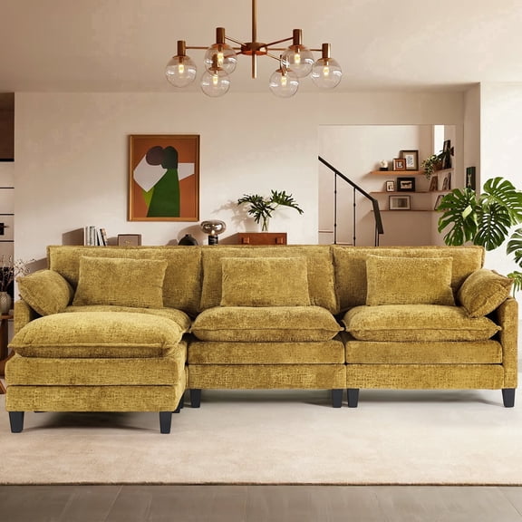 JONPONY 111" Modular Cloud Couch, L Shaped Sectional Sofa with Movable Ottoman,3 Oversized Seats Sleeper Couches for Living Room, Apartment,Yellow