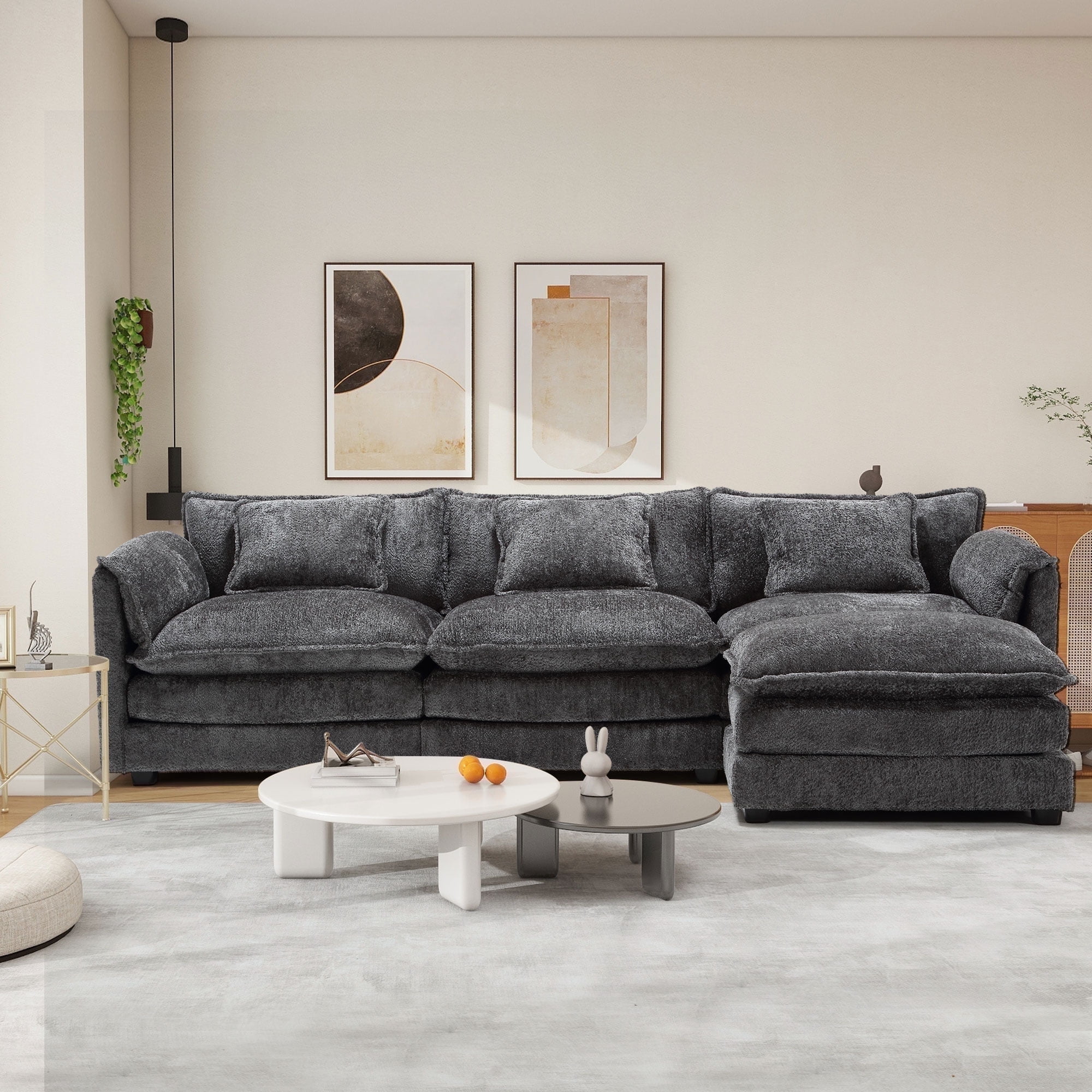 JONPONY L Shaped Cloud Couch,Chenille Modular Sectional Sofa,Sleeper Convertible Upholstered Sof with Ottomans&3 Waist Pillows for Living Room,Furniture,Apartment (3-Seat & 1-Ottoman, Gray)