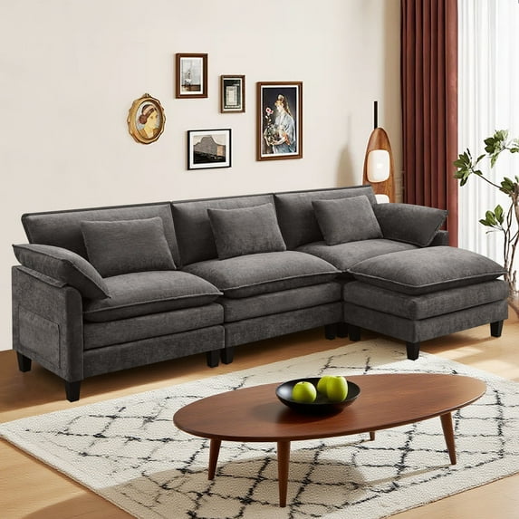 JONPONY 111" Cloud Couch,L Shaped Modular Sectional Sofa with Movable Ottoman,3 Oversized Seats Sleeper Couches for Living Room,Gray