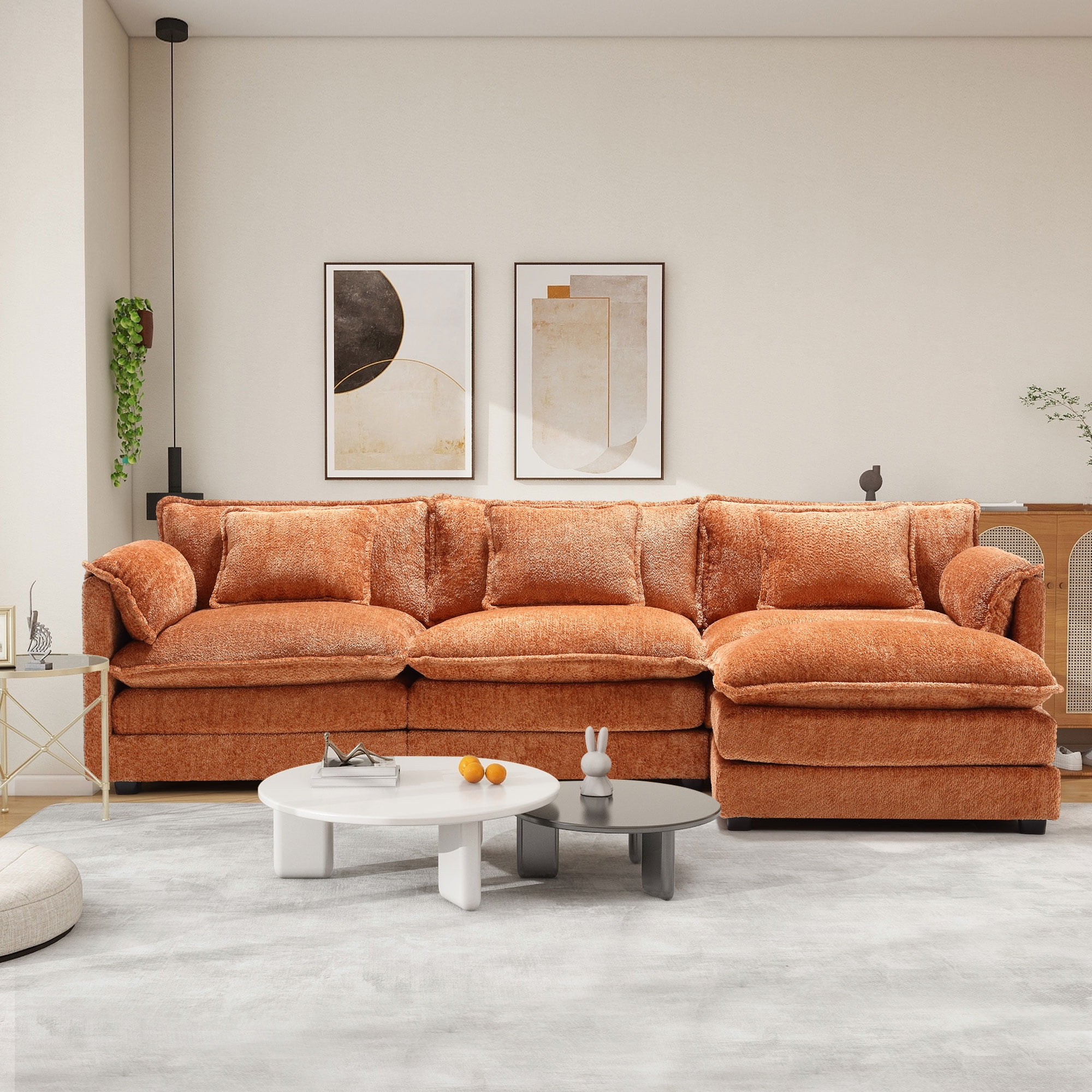 JONPONY 111" Cloud Couch,L Shaped Modular Sectional Sofa with Movable Ottoman,3 Oversized Seats Sleeper Couches for Living Room,Chenille Orange