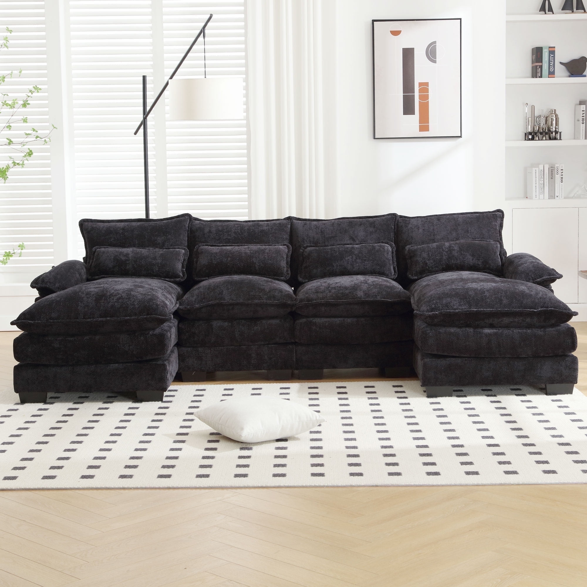 JONPONY 110.63" Modular Sectional Sofa with Double Cushion Sleeper Chaise,Modern sofa with Waist Pillows for Apartment,Small space,Black