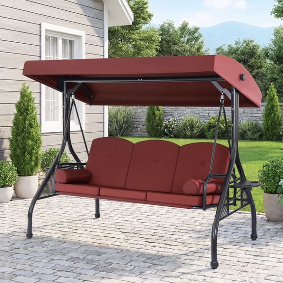 JONPONY 3-Seat Outdoor Patio Swing with Stand 800LBS, 2-in-1 Convertible Swing Bed, Adjustable Canopy Removable Cushion for Yard Garden Deck (RED)