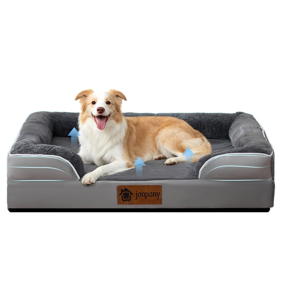 JONPONY 36 Inch Orthopedic Dog Bed with Headrest, Egg Crate Foam Pet Couch with Removable Washable Cover Non-Slip Bottom, Waterproof Dog Bed for Large Dogs, Black/Gray
