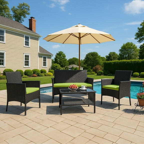 JONPONY 4 PC Rattan Patio Furniture Set，Porch with Thick Cushions，Outdoor Patio Cushioned Sofa Set with Glass Table (Green Cushion)