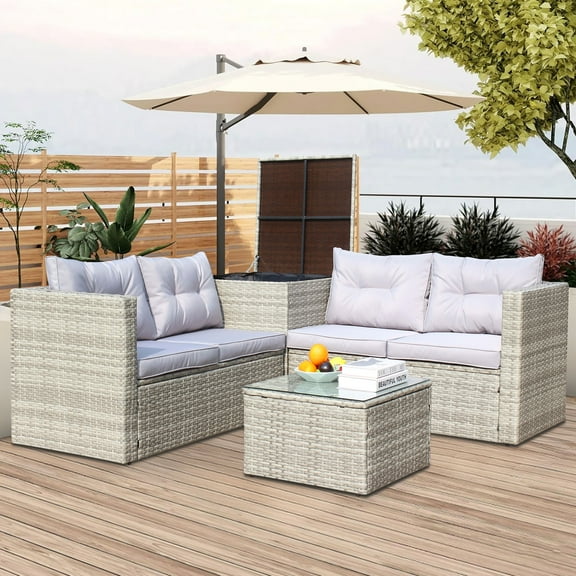 JONPONY 4 Piece Patio Sectional Wicker Rattan,All-Weather Outdoor Furniture Sofa Set with Storage Box Light Grey