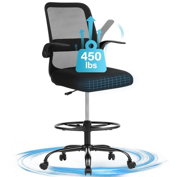 JONPONY 450LBS Office Drafting Chair, Executive Rolling Swivel Chair with Adjustable Foot Ring and Flip-Up Arms, Comfy Thicken Cushion, Breathable Mesh Standing Desk Chair, Black