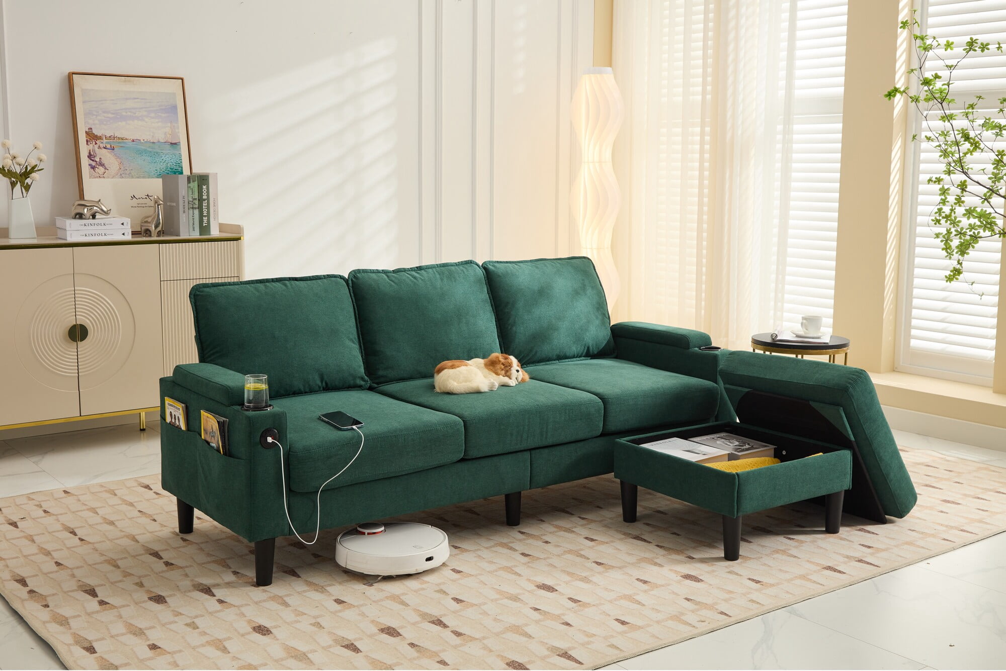 JONPONY 68.5" 3-seat combo sofa with storage ottoman for living room apartment bedroom and compact room, Upholstered sectional CouchGreen