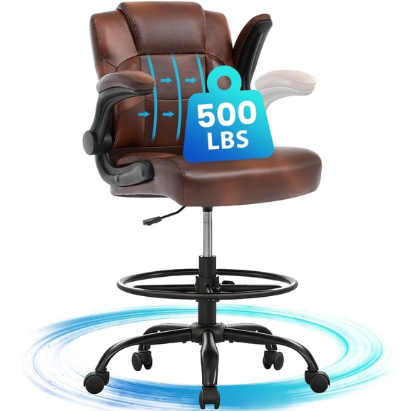 JONPONY 500 lbs Tall Office Chair with Flip-up Armrests for Standing Desk Executive Ergonomic Computer Leather Desk Chair with Lumbar Support, Adjustable Foot Ring for Home,Brown
