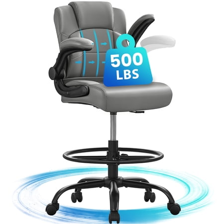 JONPONY 500 lbs Tall Office Chair with Flip-up Armrests for Standing Desk Executive Ergonomic Computer Leather Desk Chair with Lumbar Support, Adjustable Foot Ring for Home,GREY