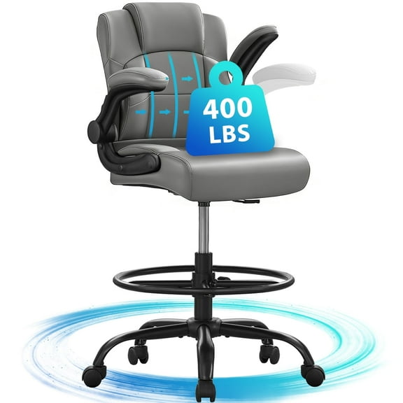 JONPONY 500 lbs Tall Office Chair with Flip-up Armrests for Standing Desk Executive Ergonomic Computer Leather Desk Chair with Lumbar Support, Adjustable Foot Ring for Home,GREY