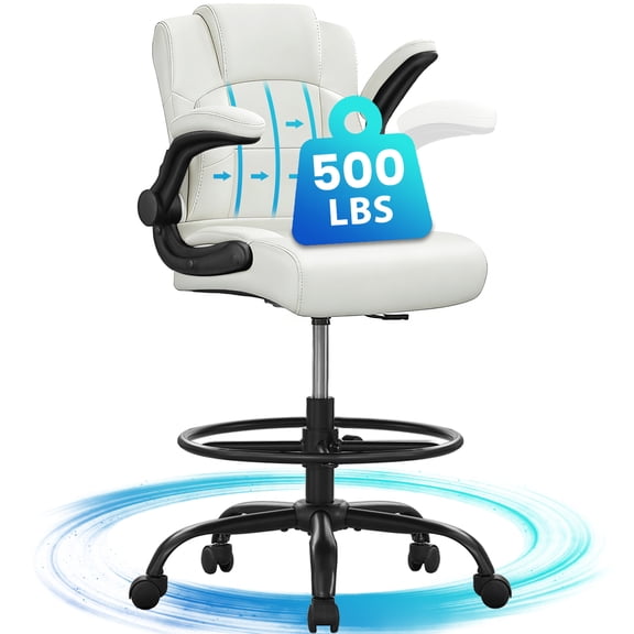 JONPONY 500 lbs Tall Office Chair with Flip-up Armrests for Standing Desk Executive Ergonomic Computer Leather Desk Chair with Lumbar Support, Adjustable Foot Ring for Home,WHITE