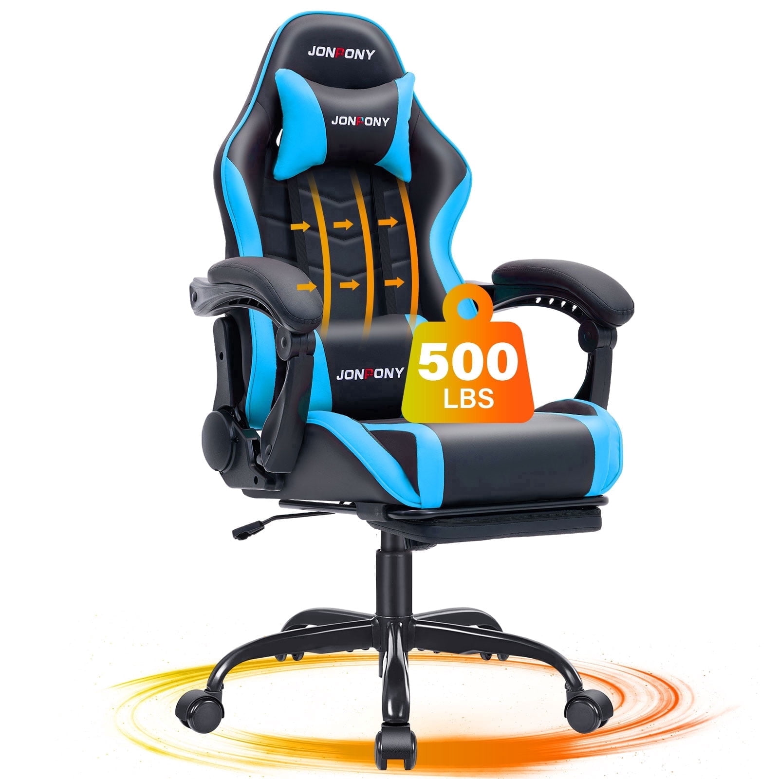 JONPONY Big and Tall 500LBS Gaming Chair, Ergonomic High Back Gamer Chair with Footrest Lumbar Support, PU Leather Office Computer Chair for Long Sitting, Blue