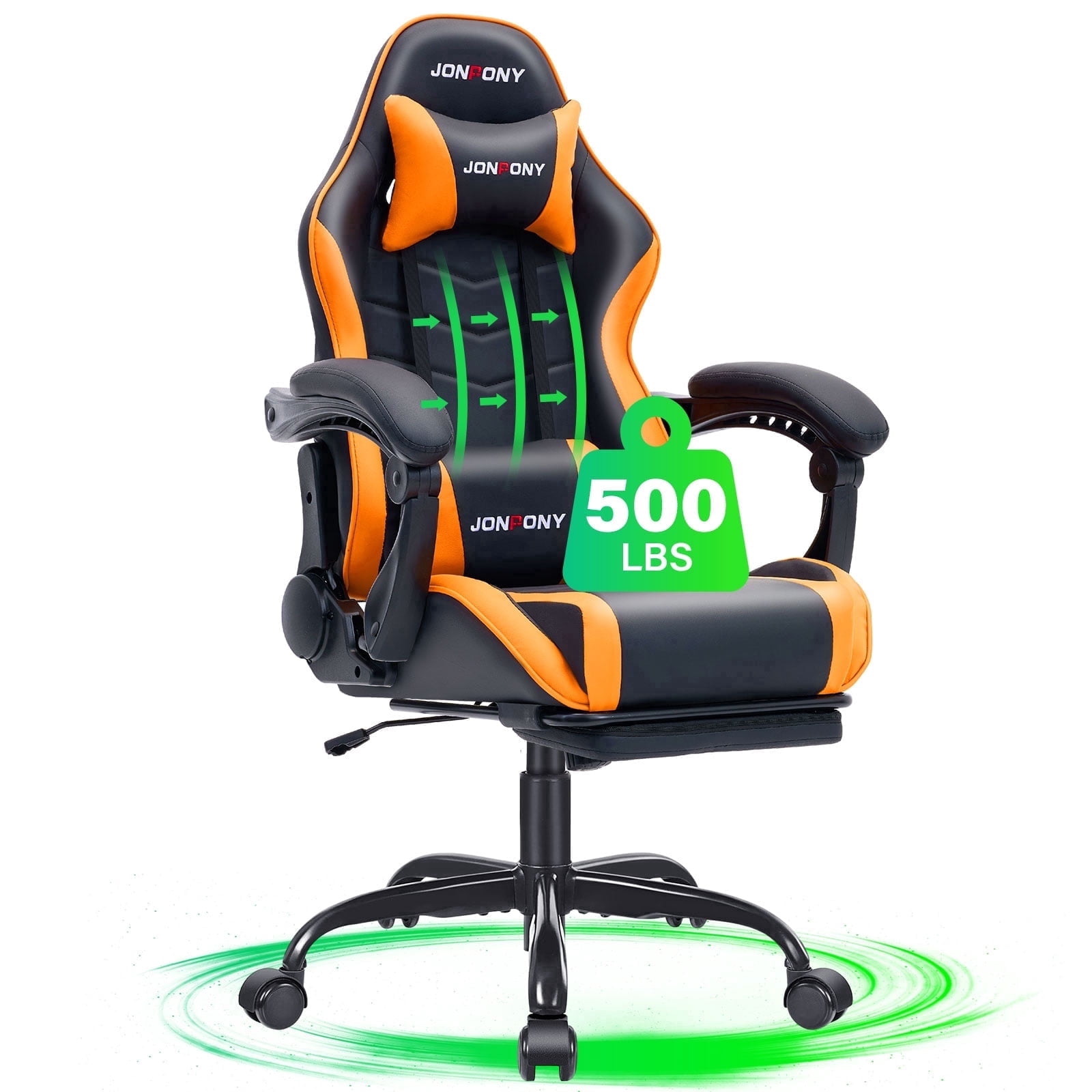 JONPONY Big and Tall 500LBS Gaming Chair, Ergonomic High Back Gamer Chair with Footrest Lumbar Support, PU Leather Office Computer Chair for Long Sitting, Orange