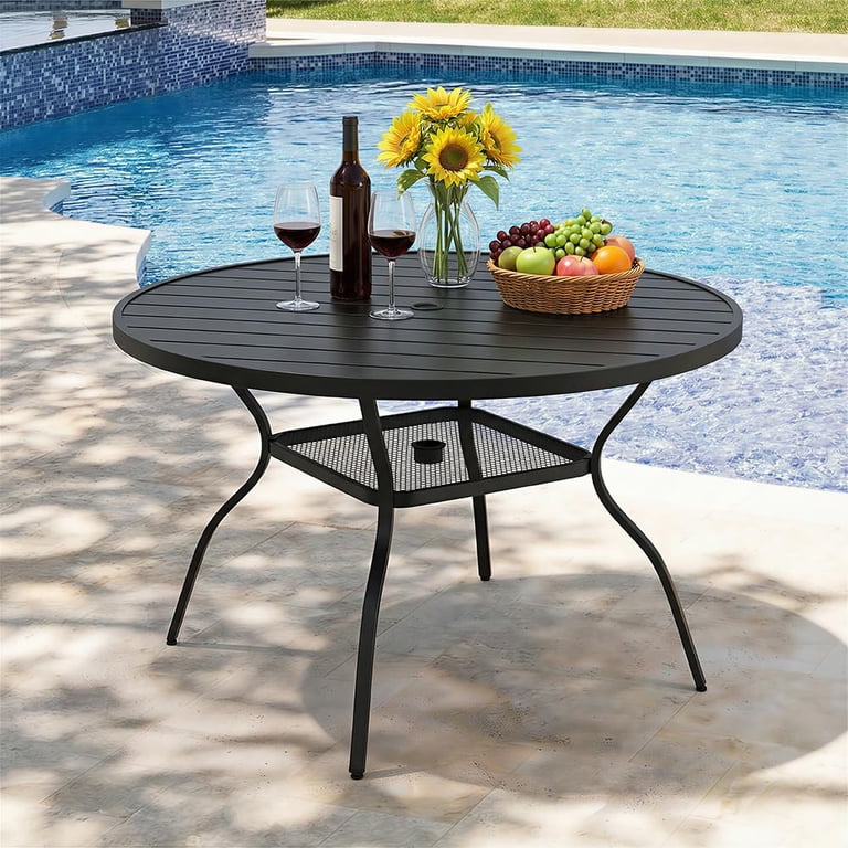 6 person patio table with umbrella hole 60 Inches Rectangle Outdoor Dining Table for 6 Person, Patio 2 Tiers Iron Steel Slatted Table with Umbrella Hole