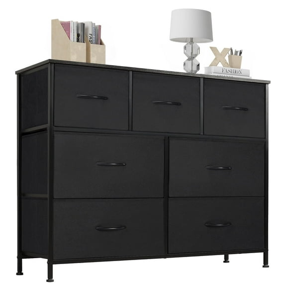 JONPONY 7 Drawer Bedroom Storage Tower, Assembled Wardrobe Lockers, Fabric Drawers, Metal Frame with Wooden Top, Closet Organizer for Clothing, Black