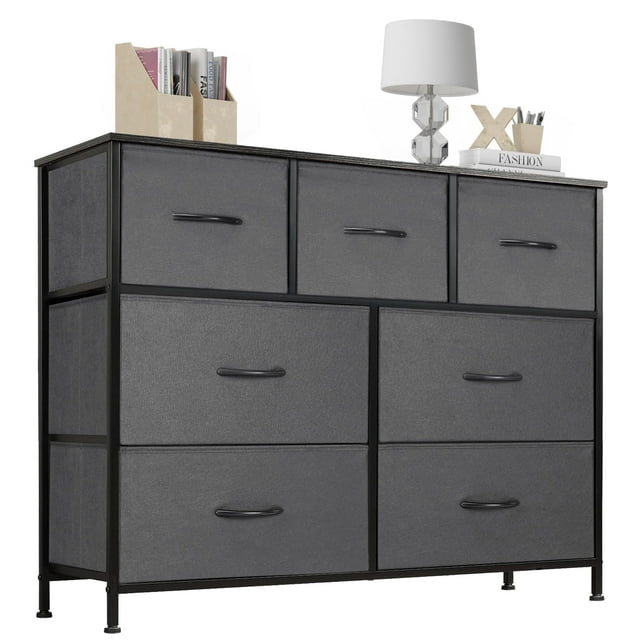 JONPONY 7 Drawer Bedroom Storage Tower, Assembled Wardrobe Lockers, Fabric Drawers, Metal Frame with Wooden Top, Closet Organizer for Clothing, Gray