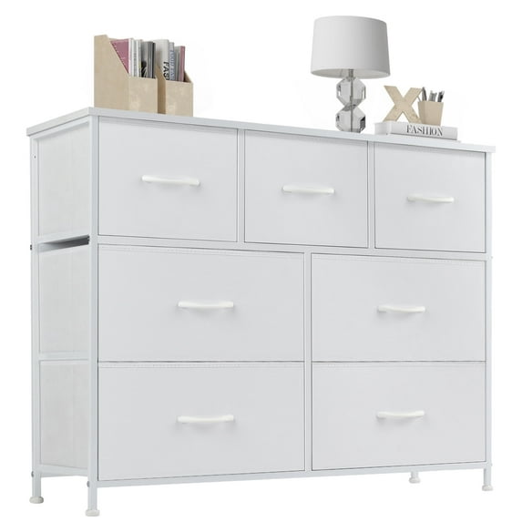 JONPONY 7 Drawer Bedroom Storage Tower, Assembled Wardrobe Lockers, Fabric Drawers, Metal Frame with Wooden Top, Closet Organizer for Clothing, White