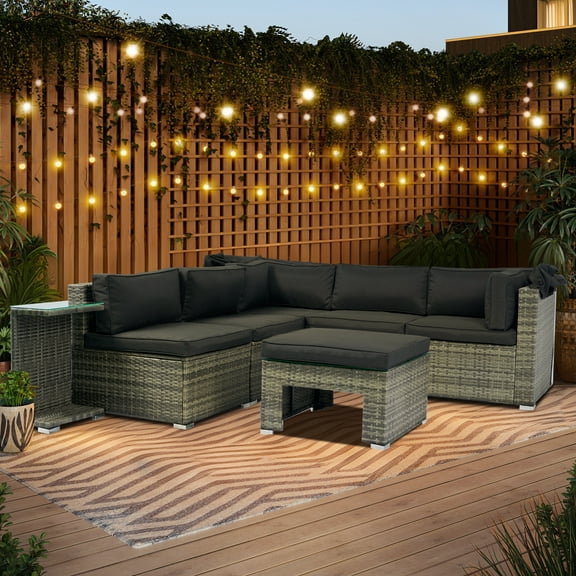 JONPONY 7-Piece Wicker Rattan Patio Sectional Sofa Set with Retractable Canopy and Washable Cushions - Ideal for Lawn, Garden, Backyard, and Poolside, Outdoor Seating Set