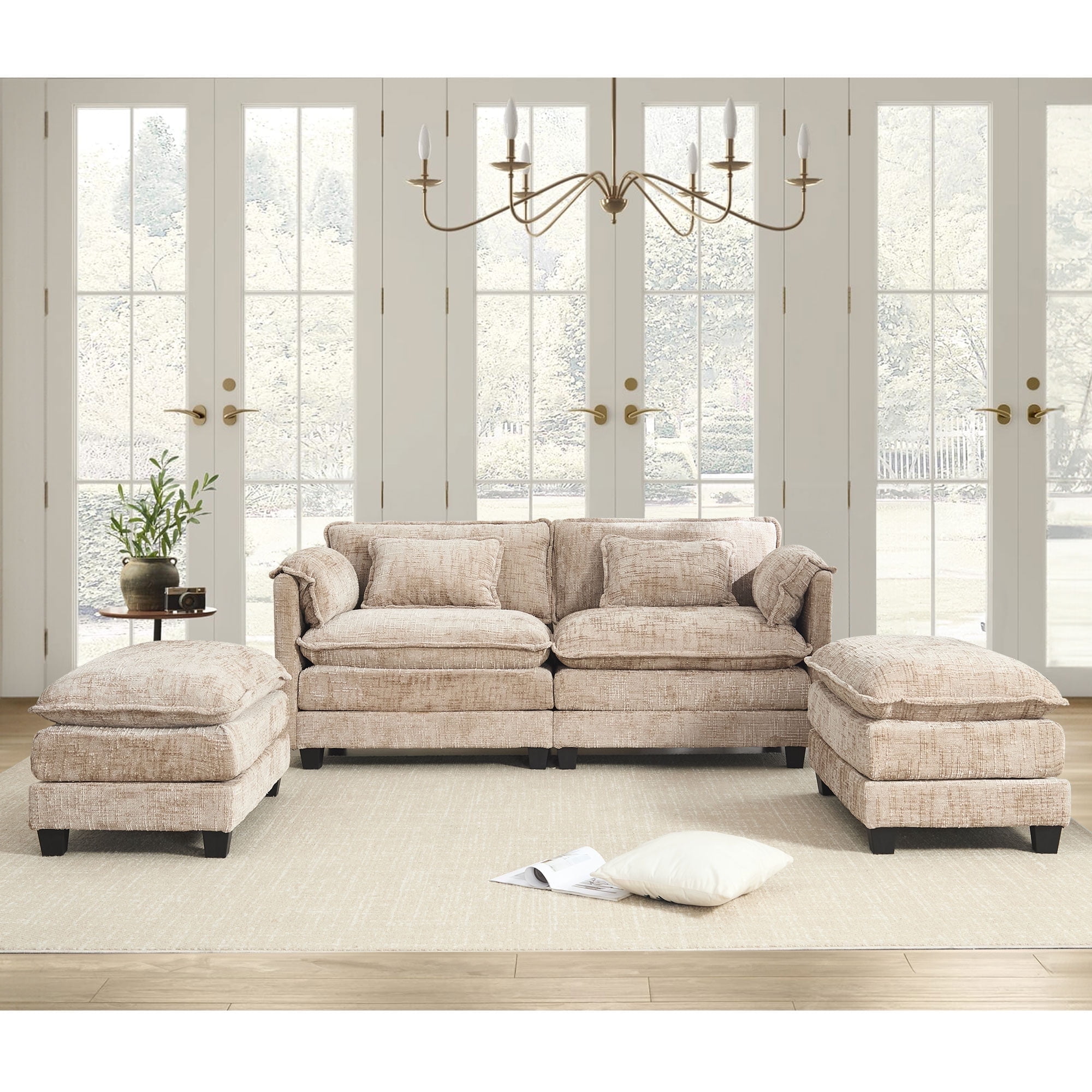 JONPONY 76.77" U Shaped Couch,Oversized 2 Seats Sectional Sofa,Sleeper Convertible Upholstery Sofá with 2 Ottomans & Side Pockets for Living Room,Furniture,Apartment,Light Brown