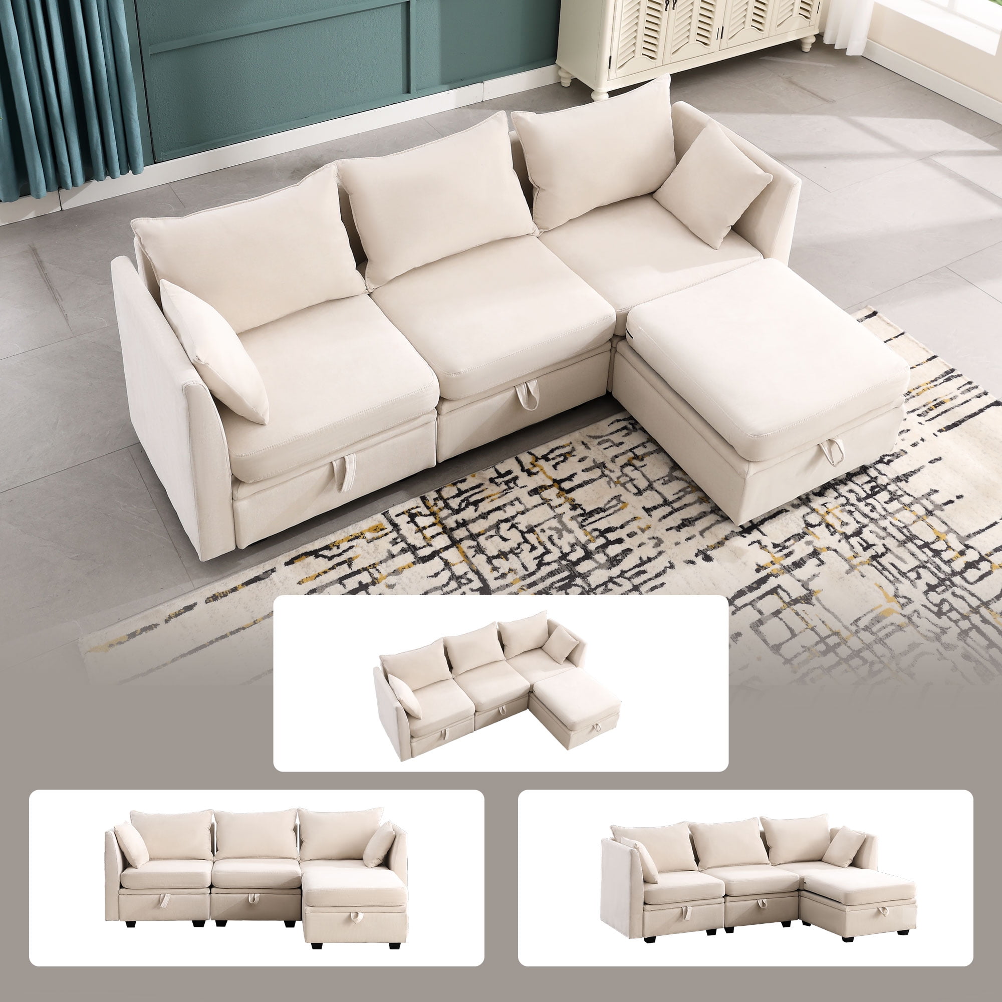 JONPONY 109 84 Modular Couches and Sofas Sectional with Storage Sectional Sofa U Shaped Sectional Couch with Reversible Chaises Beige